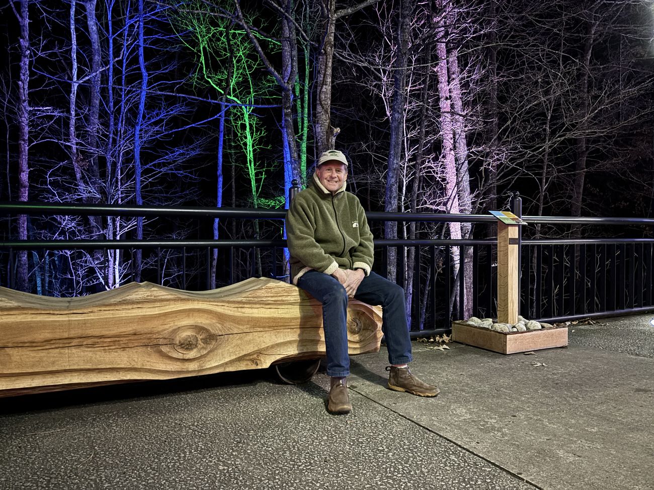 A man sitting on a hand-carved wave-form Echo bench at night, framed by trees illuminated in blue, green, and purple lights at the NC Arboretum's Winter Lights
