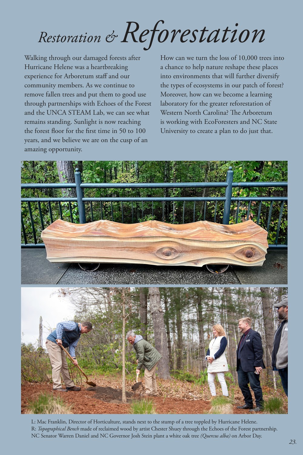 Page from the North Carolina Arboretum's 2025 Annual Impact Report featuring Echoes of the Forest in its Restoration and Reforestation section, with photos of the Topographical Bench and an Arbor Day tree planting