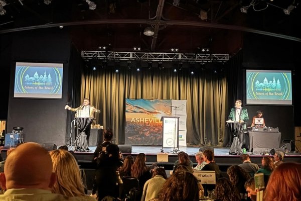 Echoes of the Forest founder Liisa Andreassen on stage during a 1 Million Cups Asheville event at The Orange Peel — green-lit Echoes of the Forest banners flank the stage, a large 'ASHEVILLE NORTH CAROLINA' backdrop visible at center, the audience gathered at tables in the foreground listening to Liisa share the project's story