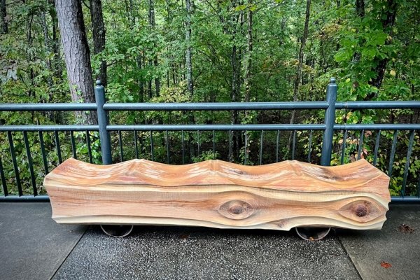 Chester Shuey's October 2025 live-edge bench installed along the promenade at the North Carolina Arboretum — a long sculptural bench with deep wave-like carved hollows running across the seat, mounted on slim metal supports against a backdrop of green forest and the Arboretum's wrought-iron railing