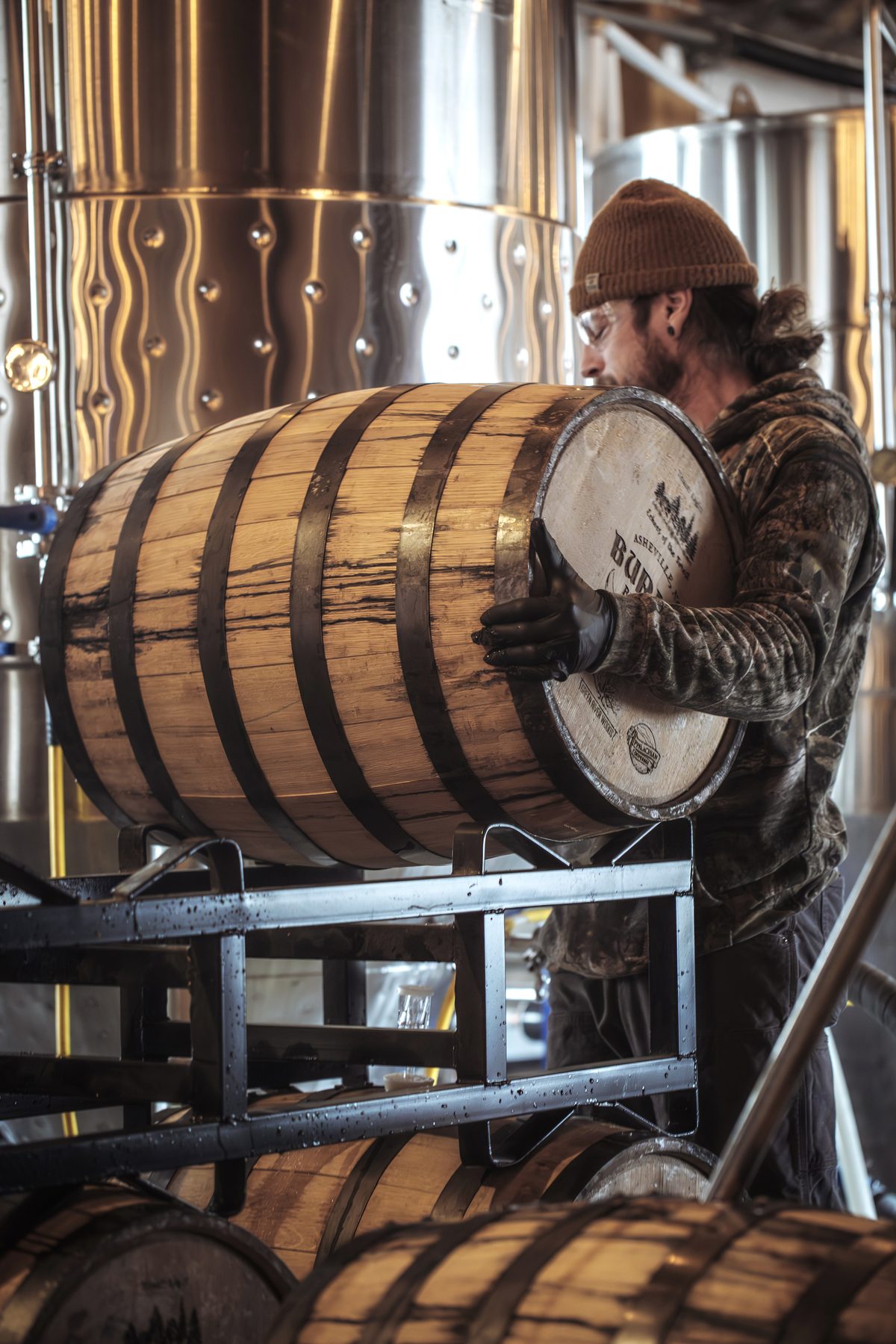 A single white oak Echoes of the Forest barrel stamped with the Burial Beer Co. brand and partner marks for Green River Woods and Appalachian Cooperage