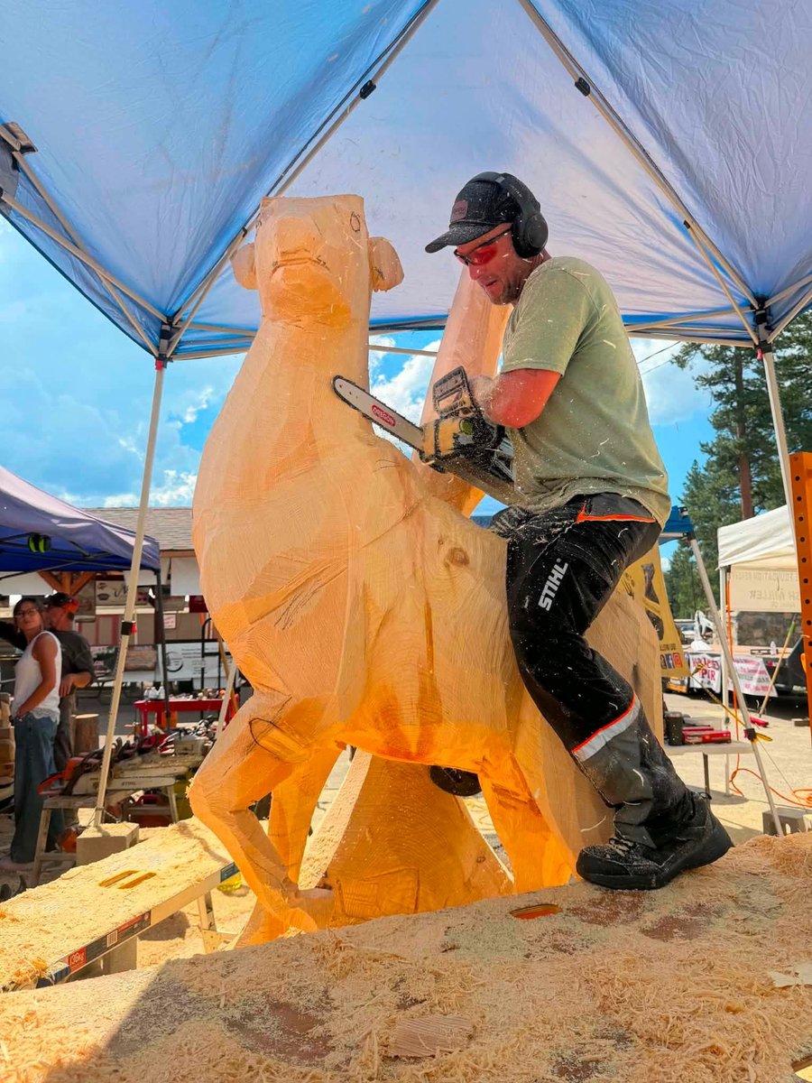 Mike Ayers carving a large wooden animal sculpture with a chainsaw under a tent, sawdust flying