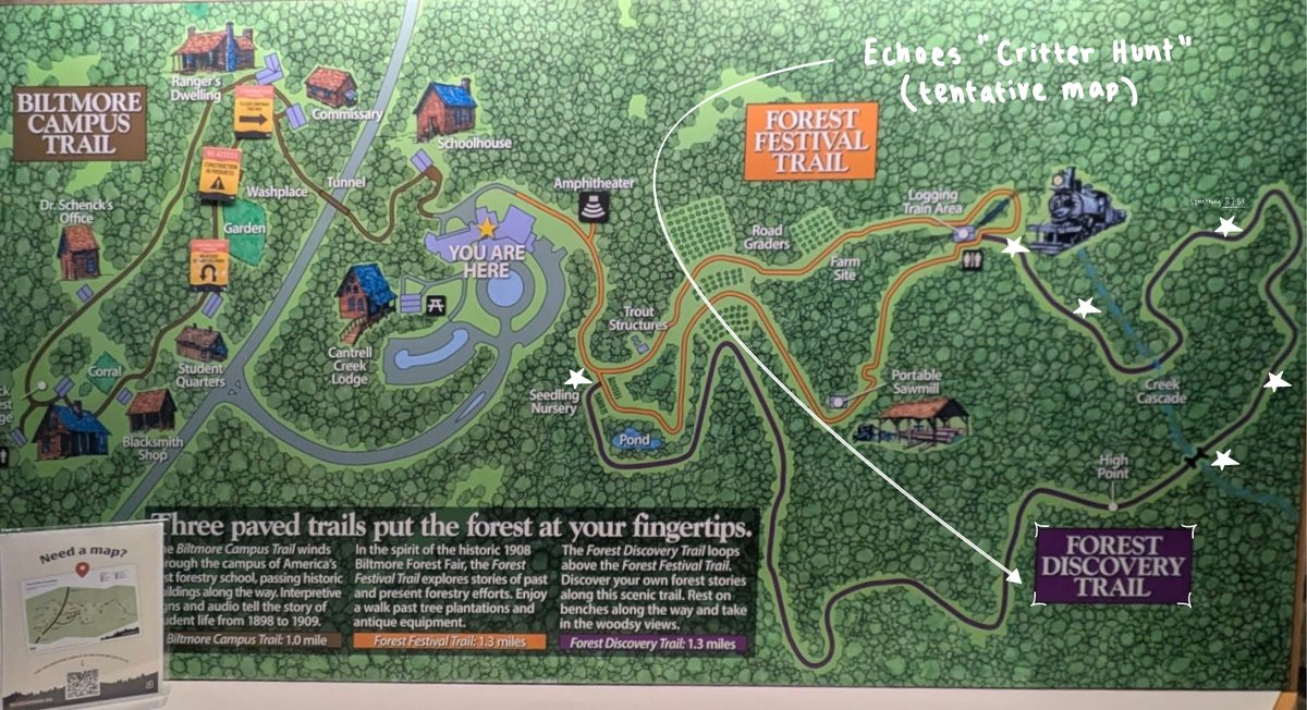 The Cradle of Forestry trail map with hand-drawn stars marking tentative Critter Hunt carving locations along the Forest Discovery Trail, annotated 'Echoes Critter Hunt (tentative map)'