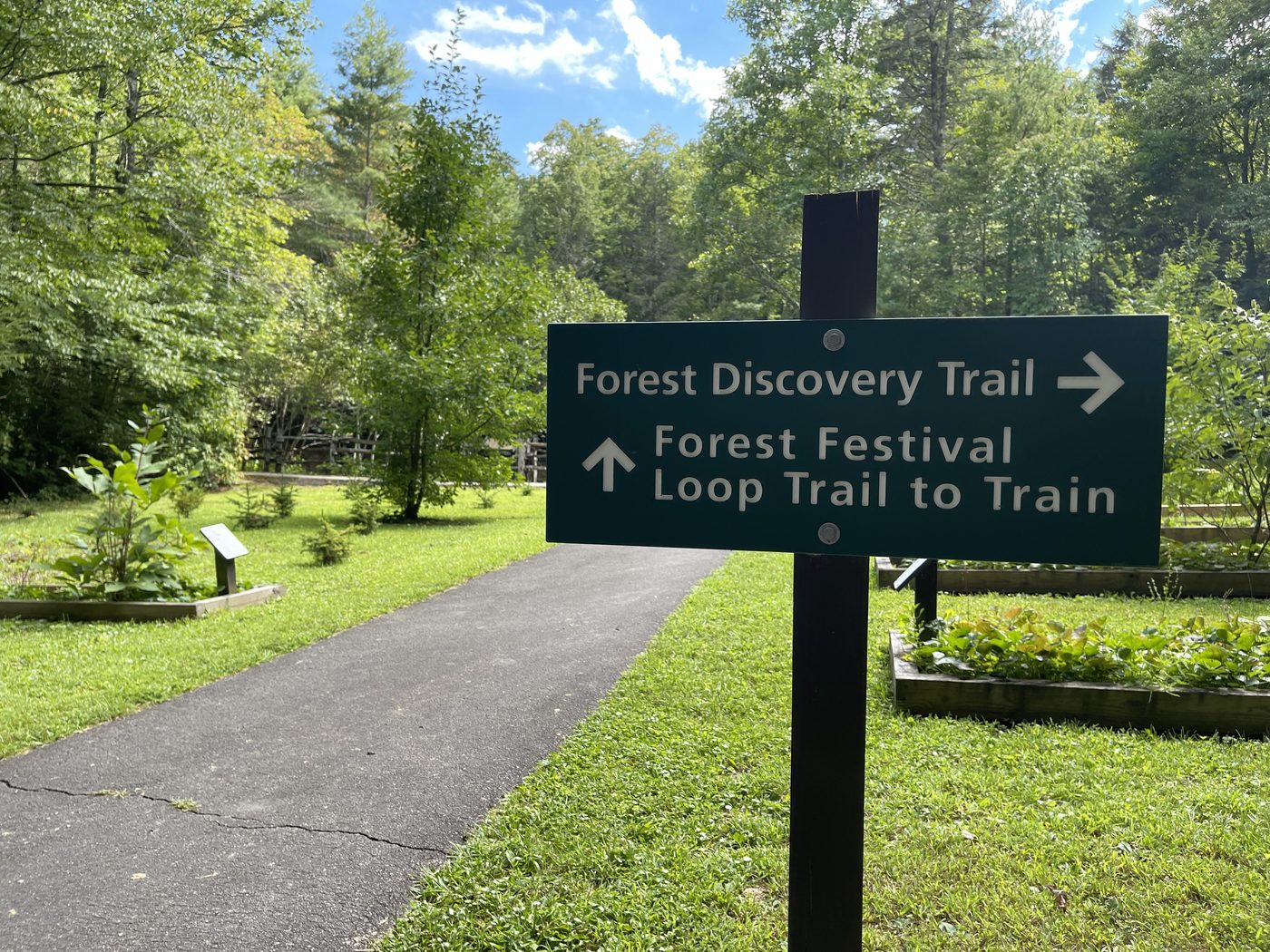 Trail signage at the Cradle of Forestry directing visitors to the Forest Discovery Trail and Forest Festival Loop