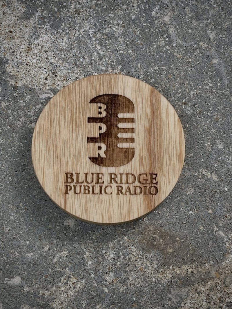 Engraved Blue Ridge Public Radio coaster made from Hurricane Helene salvaged wood