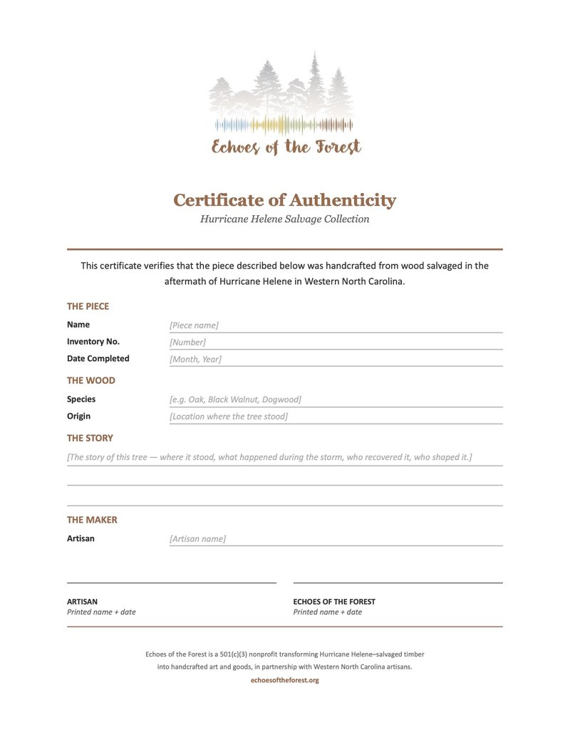 Echoes of the Forest Certificate of Authenticity for the Hurricane Helene Salvage Collection