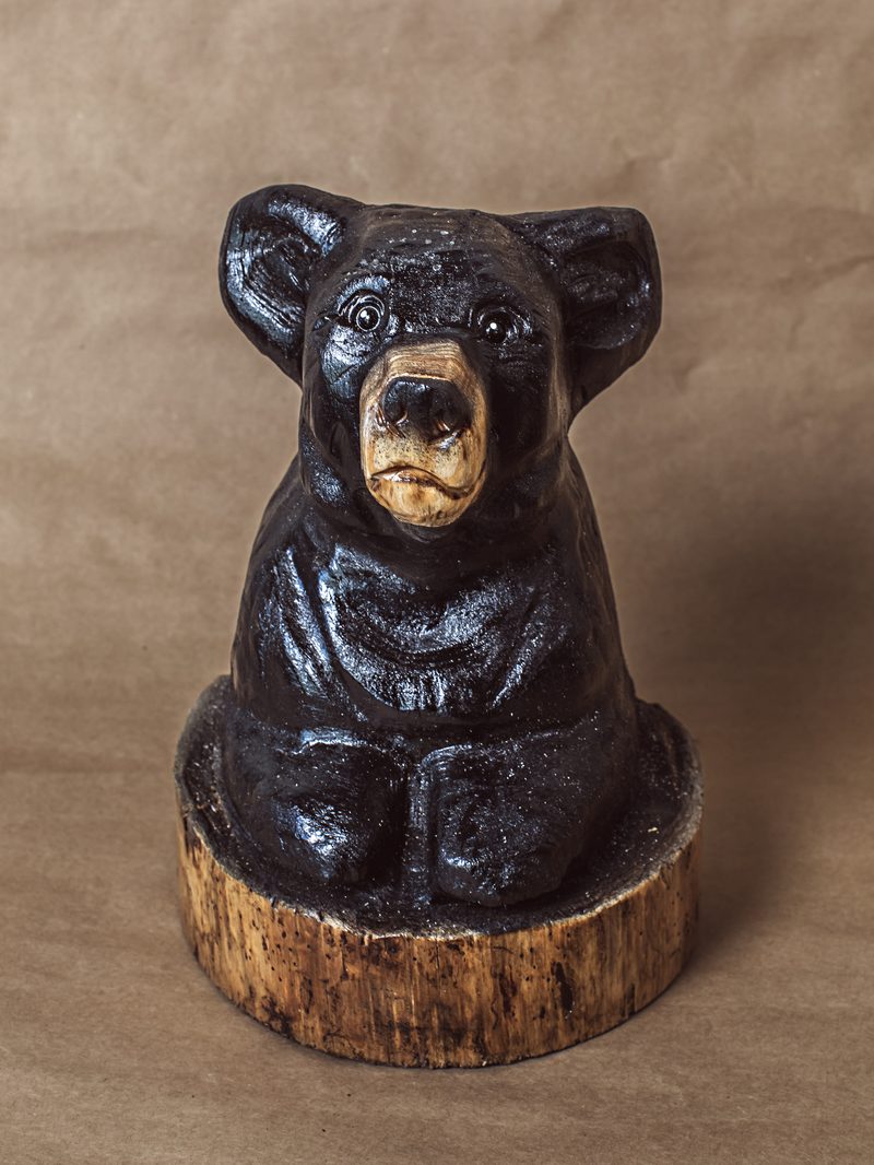 White pine bear bust sculpture by Mike Ayers