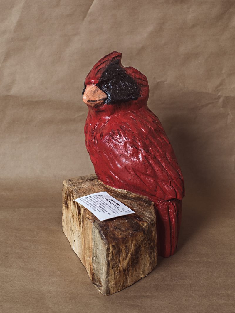 White pine cardinal sculpture by Mike Ayers